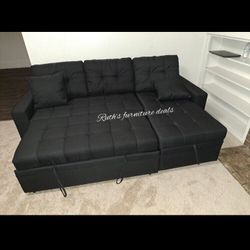 Reversible Black Sectional Sofa Pullout Bed W/ Storage 89”x 59”