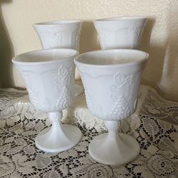 Lot of 4 Milk Glass Goblets Grapes & Vine Pattern 5”