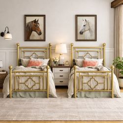 Set of 2, 14 Inch Twin Size Metal Platform Bed Frame with Vintage Victorian Style, Wrought Iron Headboard and Footboard/Mattress Foundation for Storag