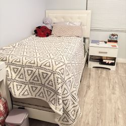 twin size bed set frame, mattress, matress foam topper, boxspring, & nightstand