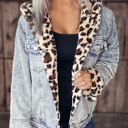 Leopard Print Reversible Lined Button Up Jean Jacket