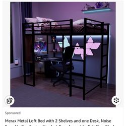 Full Size Black Metal Loft Bed W/ Desk 