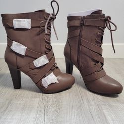 Women's Brown Lace-up Chunky Heeled Boots