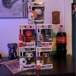Funko Pops It, Daredevil, Star Wars, Joker, Harry Potter.