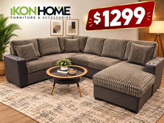 Large Sectional Sofa with Ottoman and Cup Holders