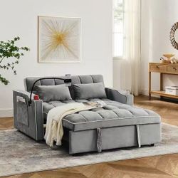 3 in 1 Convertible Velvet Sofa Bed with Pull Out Coach Bed, Adjustable Backrest, Loveseat Futon Sofa with USB Ports, 2 Cup Holders & Storage Pockets f