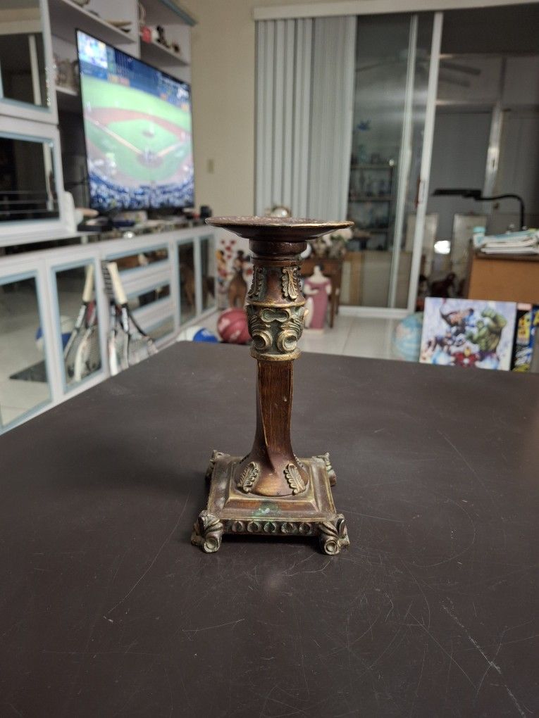 Vintage Mid-century Footed Pillar, Votive Or Taper Candlestick Metal Resin Bronze Gold Verdigris 8.25" Tall 