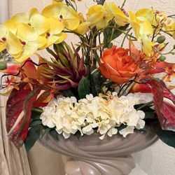 Handmade Floral Arrangement: Base Dark Beige. With Yellow Orchids, Orange Roses, Exotic Flowers, And Assorted Varieties, Vase w18’’x8’’h X26’’H