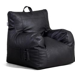 Big Joe Dorm Bean Bag Chair with Drink Holder and Pocket, Black Vegan Leather, Kids and Teens, 3 feet
