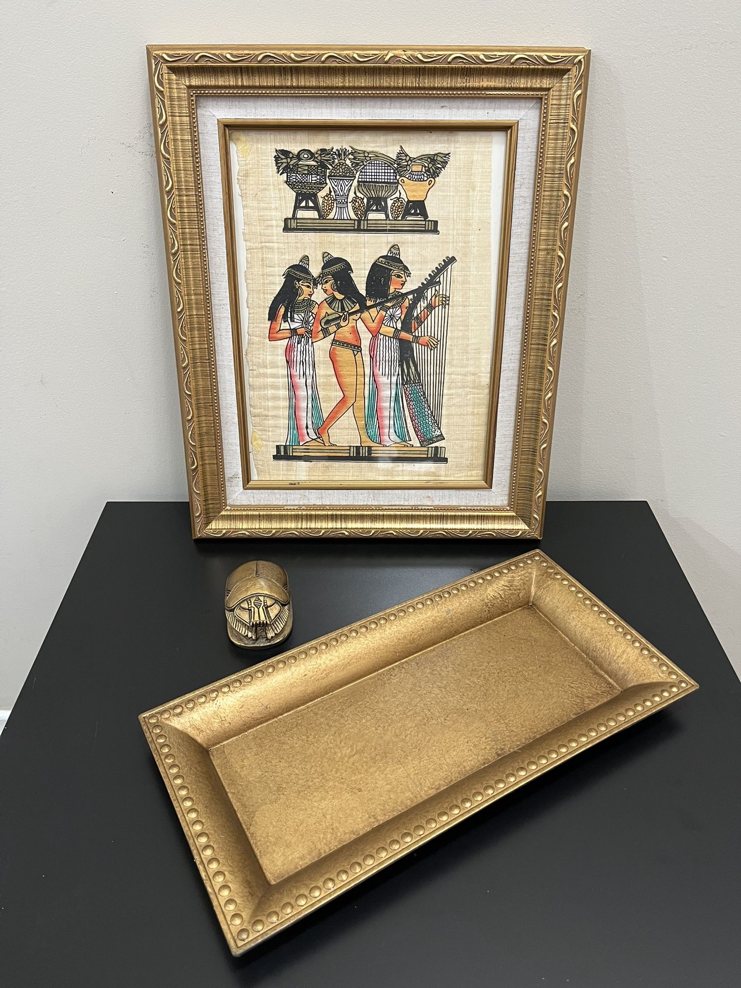 Egyptian Theme Decor Set – Framed Papyrus Art + Gold Scarab Paperweight + Decorative Charger Plate