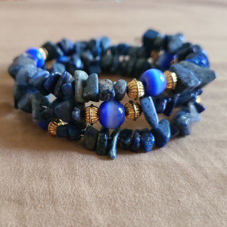 Polished Lapis Lazuli Wire-Wrap Bracelet W/ Glass Beads