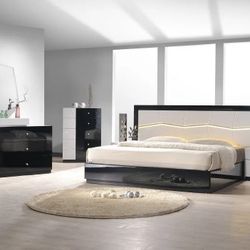 ITALIAN MODA LACQUER 5 PIECE QUEEN SIZE BEDROOM SET BED MIRROR NIGHT STAND DRESSER TALL CHEST