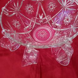 Vintage Glass Punch Bowl With 3 Cups 