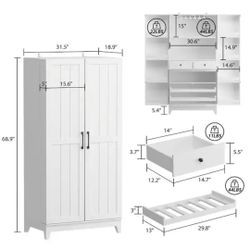 White Wood 31.5 in. W Buffet Kitchen Wine Cabinet With Double Doors, Pull-out Wine Rack, Drawers