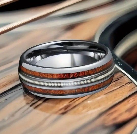 Men's 8mm Tungsten Guitar String Wood Barrel Comfort-Fit Engagement Wedding Band 11
