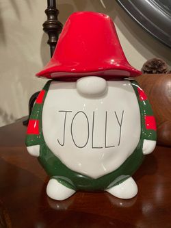 Brand new Rae Dunn ceramic “JOLLY” gnome canister jar