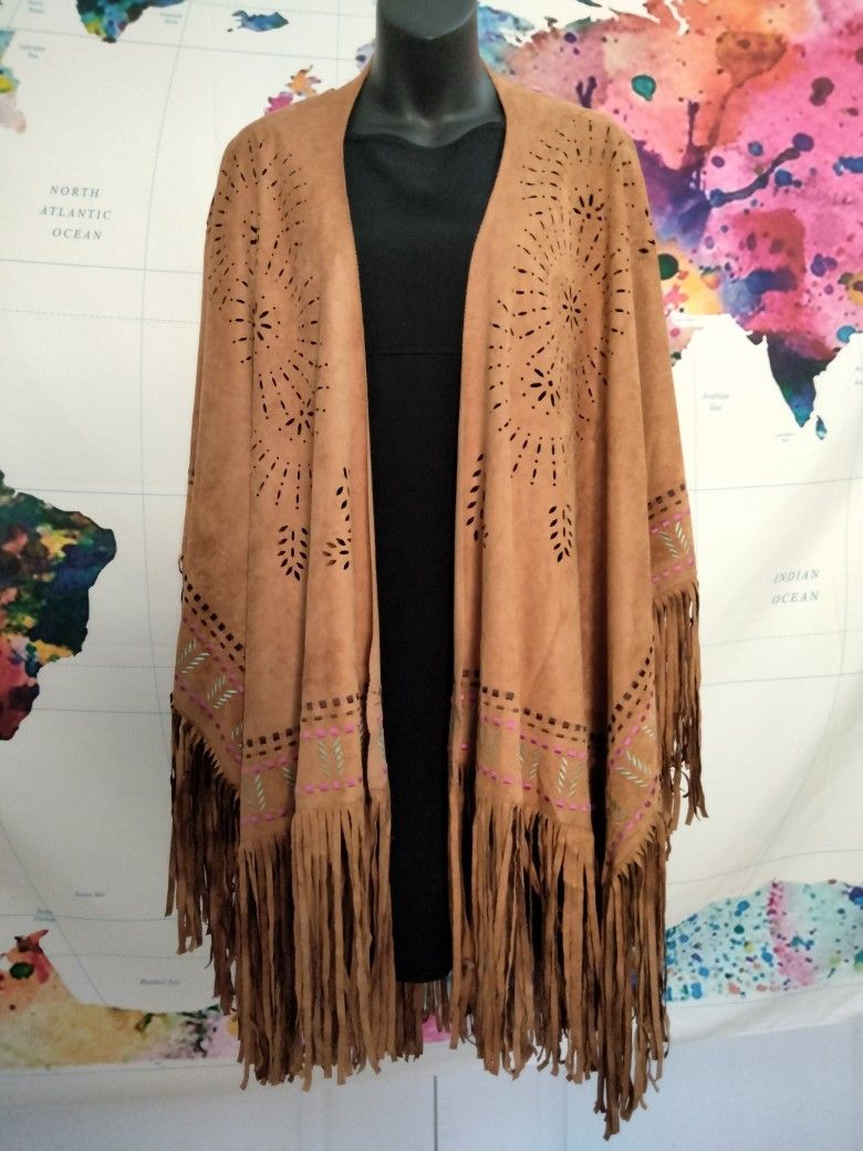 Faux Suede Fringed, Embroidered Shawl/Wrap
