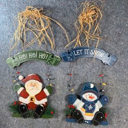 2 x Santa Snowman Christmas Painted Wood Wall Hanging
