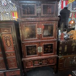 Antique 19th Century Chinese Wood Black Lacquer 3 Tiered Cabinet 
