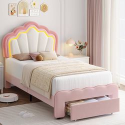 Twin Upholstered LED Bed Frame with Storage Drawer, Cute Girls Bed with Adjustable Lotus Headboard, Velvet Princess Platform Bed Frame, Wooden Slats S