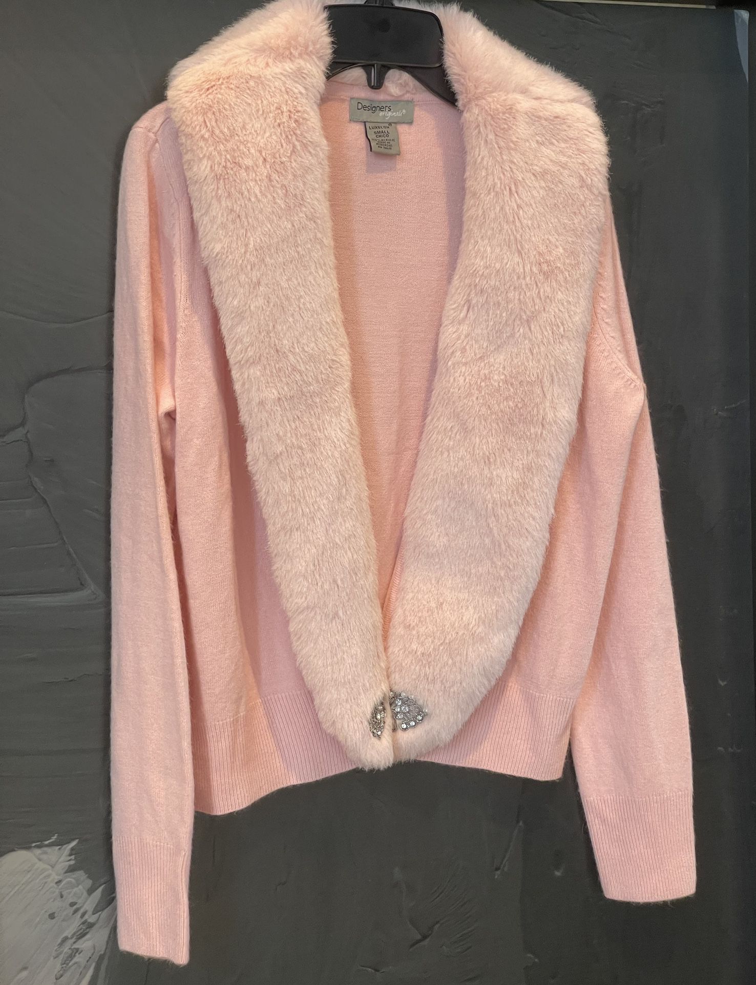 Vintage Designers Originals Luxelon Pk Faux Fur Rhinestone Cardigan/Sweater Sz S