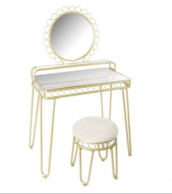 Elegant Gold Mirrored Vanity Table with Stool for Bedroom