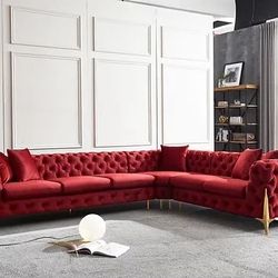 Red Glam Velvet Tufted Sectional With Accent Chair Brand New With Gold Legs Modern Glam