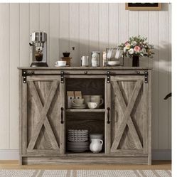 Coffee Bar Cabinet 42" Buffet Cabinet for Kitchen Living Dining Room Wash Grey
with Sliding Barn Door, with Adjustable Shelves, with Storage, for Kitc