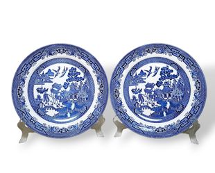 Vintage Flow Blue Willow Plates Plate 10" Pair Dinnerware England Churchill Oriental Asian Plate Dishes