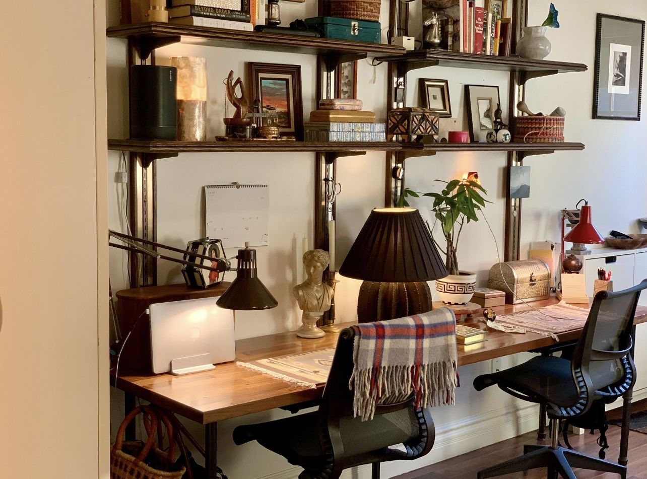Full Wall Brass And Walnut Shelves 