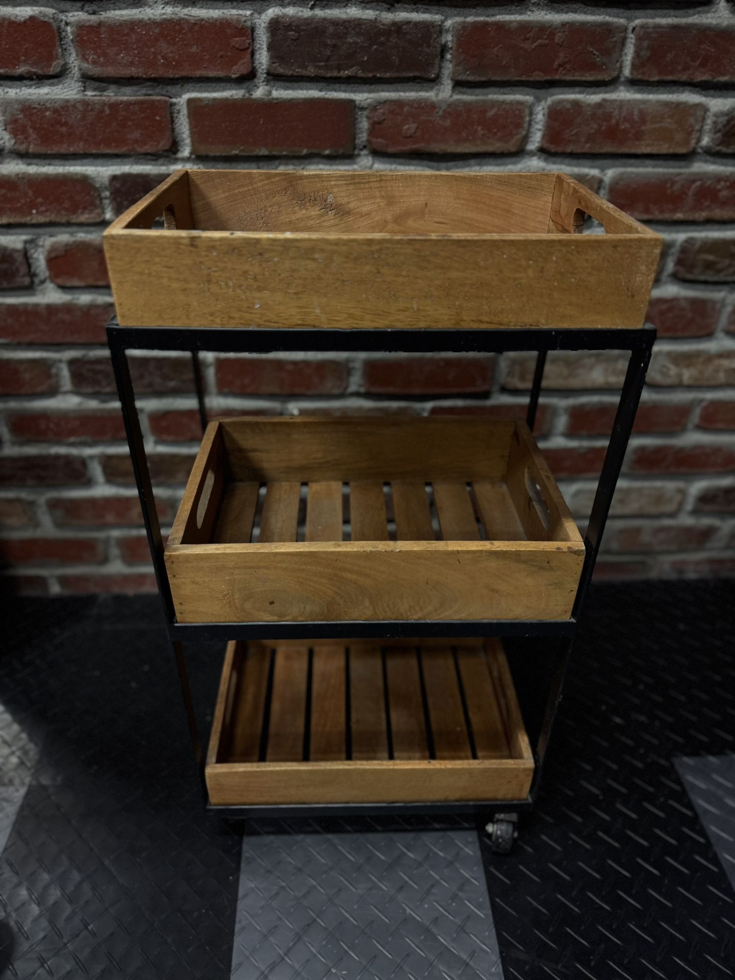 Rolling Steel And Wooden Cart 36”x12x16Donna Sculpture From Murano