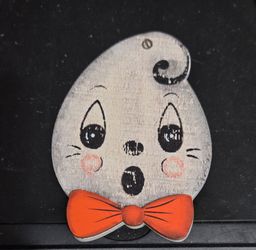 Johanna Parker Design Halloween Ghost Wood Ornament Orange Bow Tie Transpac NEW
