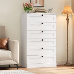 6 Drawer Vertical Dresser for Bedroom, Modern Chest of Drawers Wood Storage Cabinet for Living Room, White