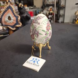 Rhyn-Rivet Floral Design Fine Porcelain Egg, Hand-painted On A Goldtone Stand, W/Tag & Maker's Stamp On Bottom 4.75H