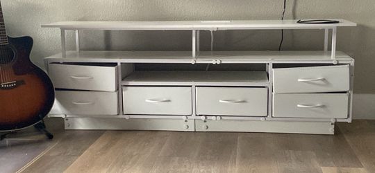 White TV Stand with Power Outlets and Fabric Drawers