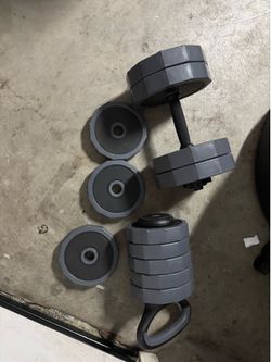5/2.5 pound plates, bar, and kettlebell
