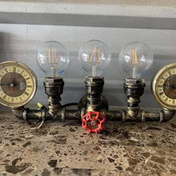Vintage Industrial Pipe  3 Lightbulb Lamp With Roman Numeral Clock