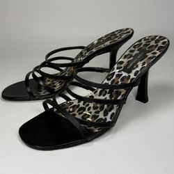 Colin Stuart Womens 6.5 Mule Heels Leopard Print Black Leather Strappy Y2K 1608G