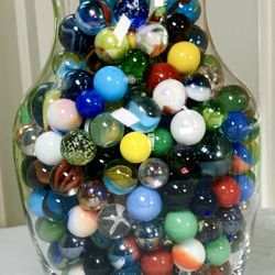 Vase Full Of 375 Marbles Beautiful, Colorful & Collectible  For Play Or Display