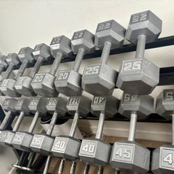 Set Of Cast Iron Hex Dumbbells 5s To 45s  Total : 450 lbs (NO RACK INCLUDED)