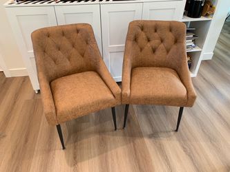 Dining Chairs Set of 2,  Faux Leather with Back Pull Rod. Light Brown