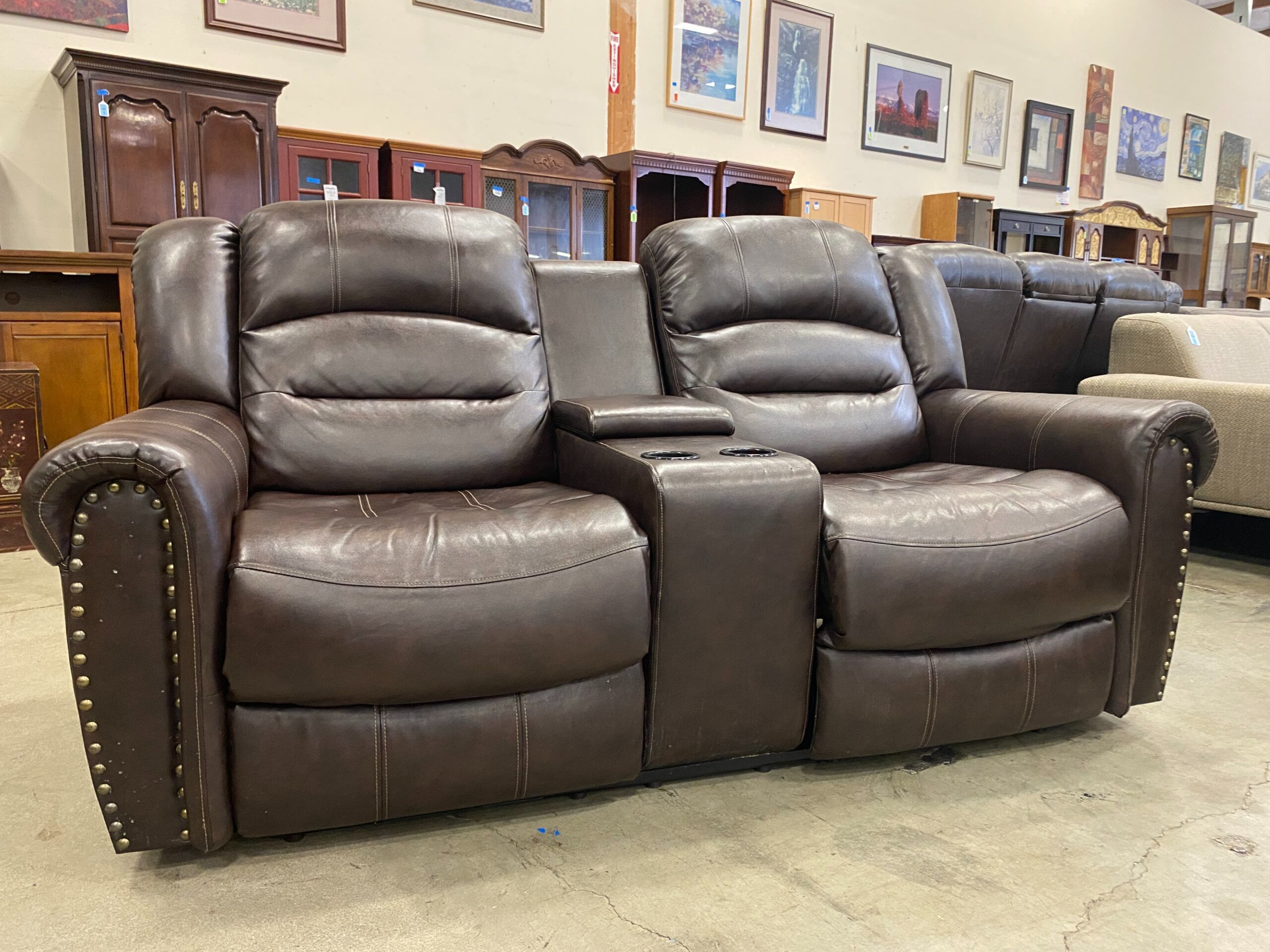 Chocolate Brown Double Recliner with Nailhead Trim and Center Console
