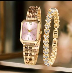 Luxury Gold Watch & Bracelet Set for Women – Elegant Quartz Watch with Sparkling Bracelet