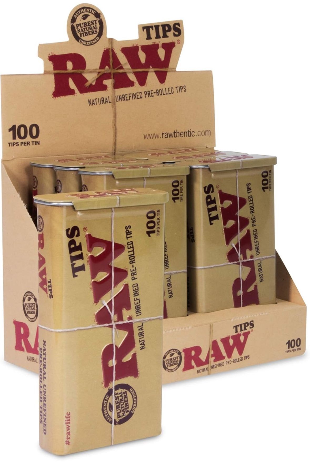 RAW Natural Unrefined 100 Tip Pre-Rolled Tin - (6) Metal Tin To Go Container