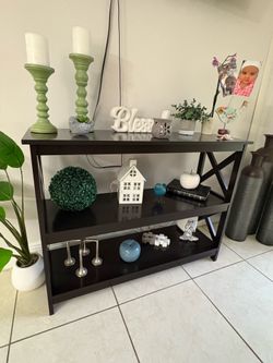 (Set) Expresso Wood Center Console w/ Matching Side Table