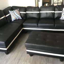 Black Sectional Sofa Set w/ Ottoman (Left Chaise)