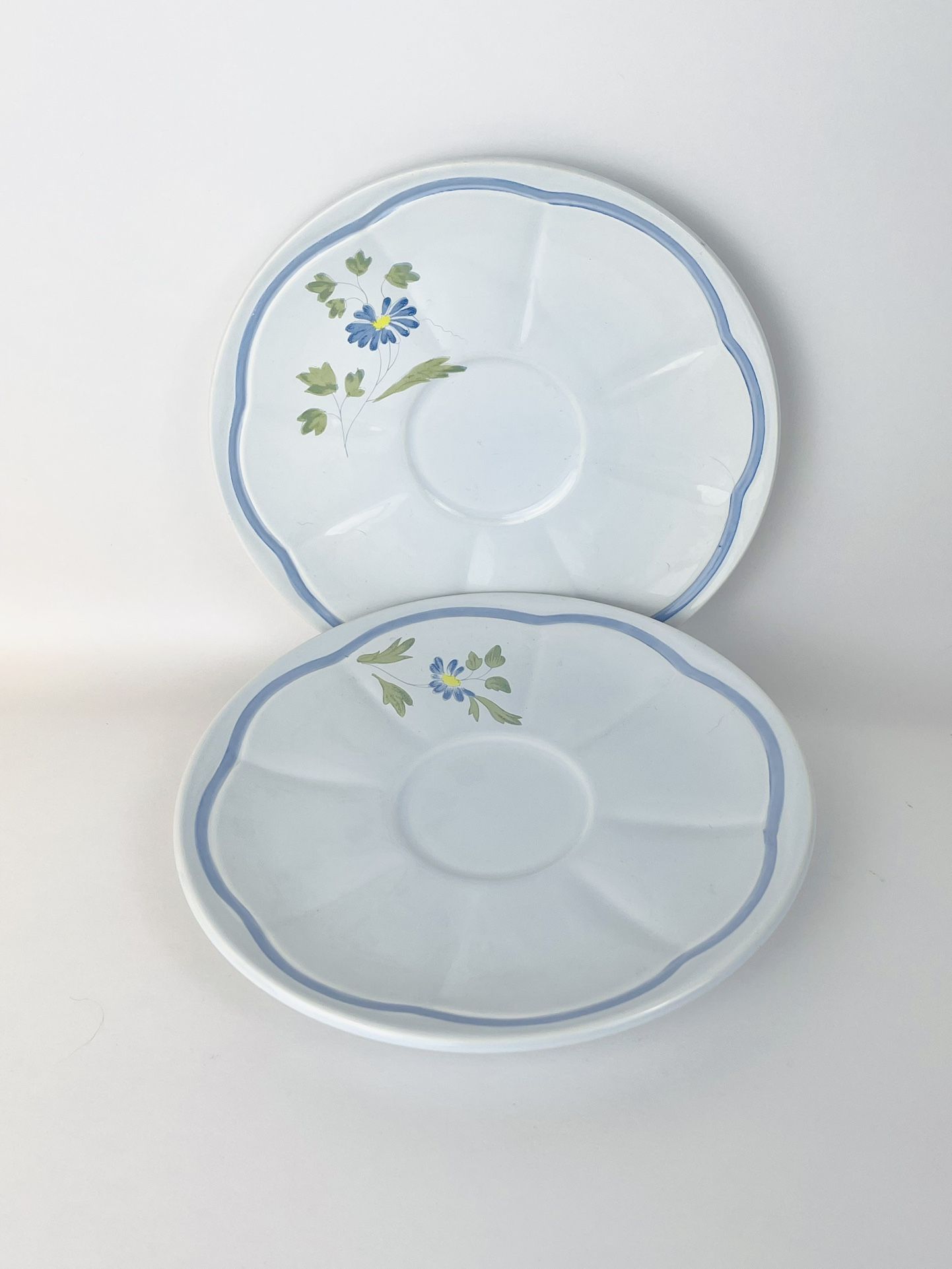 Longchamp France Perouges Saucer Floral Set of 2 Blue Trim 7 1/2" Hand Painted