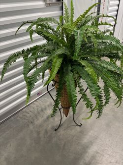 Faux Boston Fern in Woven Basket with Iron Stand