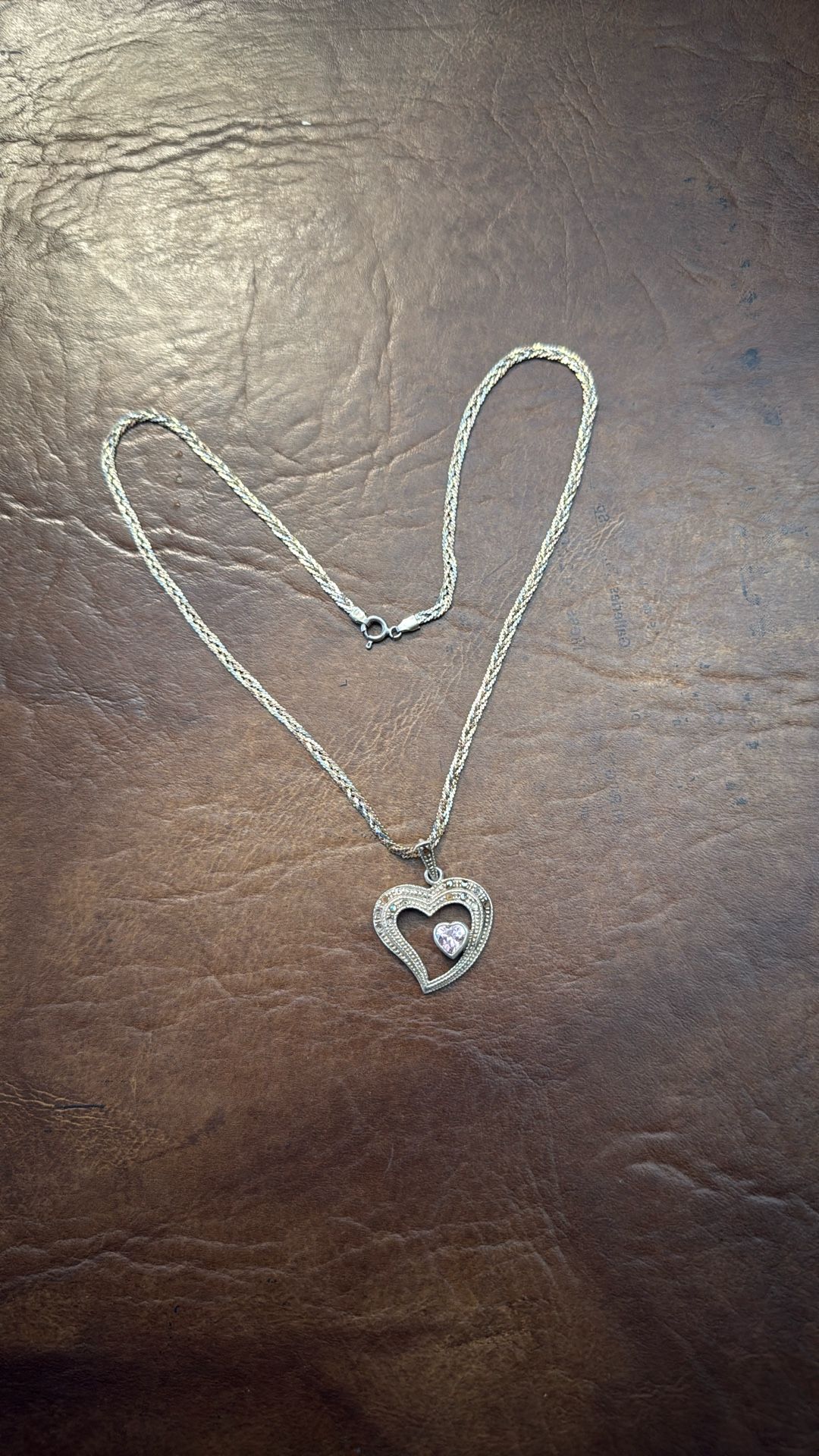 • Vintage Silver Necklace Stamped with Heart Charm Stamped and Pink Stone--