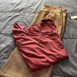 There Is A Two Pieces A skirt size, small and the blouse size large the color is burgundy, and the skirt is brown & Burgundy stripe both for $25 total